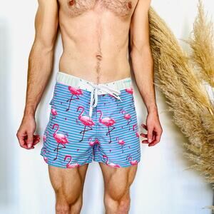 MENS 69 SLAM Blue White Striped Flamingo Print Swimsuit Swim Trunks Shorts 34 L